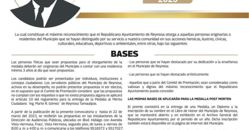 Entregará Gobierno de Reynosa la Medalla al Mérito “Marte R. Gómez”