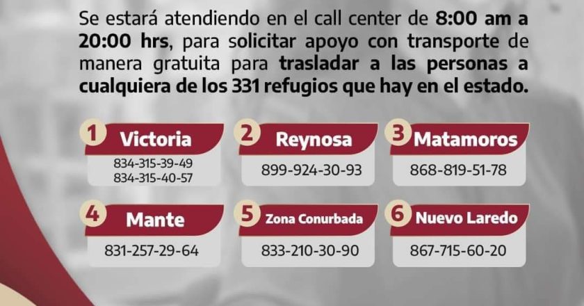 Ponen a disposición de la ciudadanía Call Center para transporte gratuito a refugios