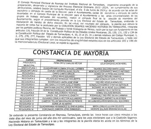 Así estará integrado el Cabildo de Reynosa 2024-2027