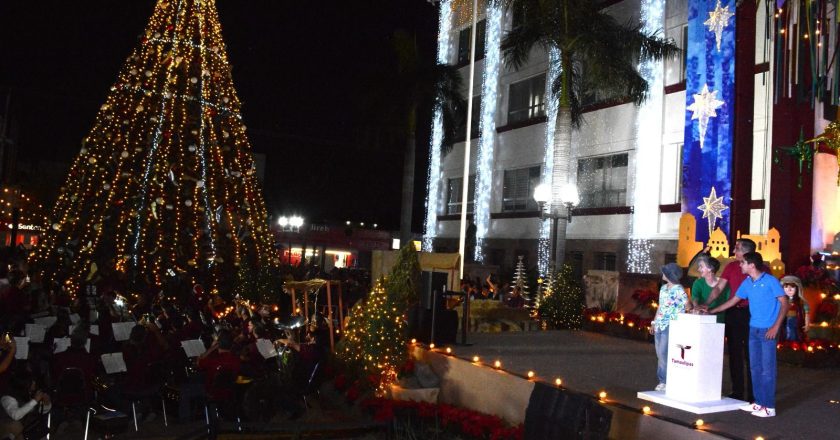 Encienden Américo y María monumental pino navideño